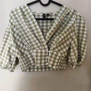 Vero Moda Tan and White Puff Sleeve Crop Blouse